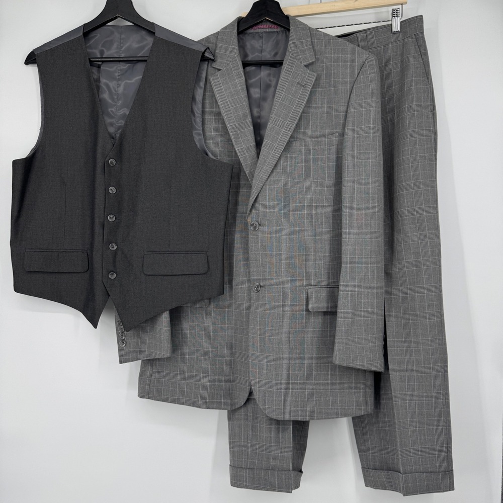 Steve Harvey Grey Glen Plaid 3-Piece Suit Mens 40R Jacket 34W Pants Vest
